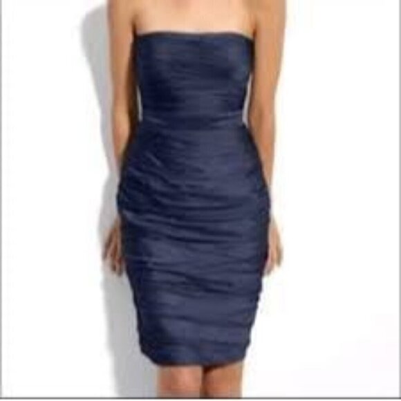 Monique Lhuillier Dress Strapless Ruched Bridesmaids Cocktail Navy. Size 0 - Picture 1 of 10